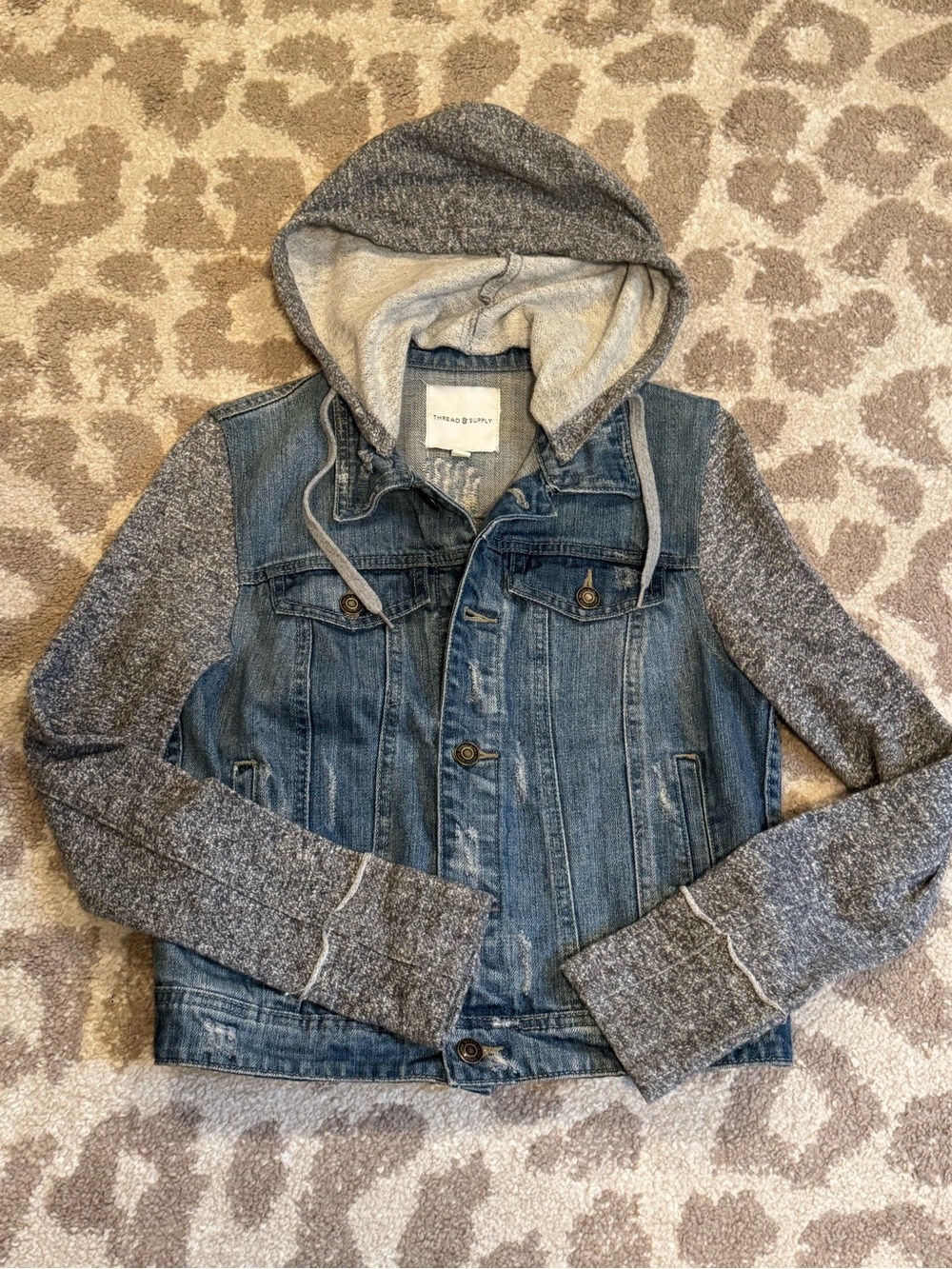 Thread & Supply Blue Denim Jacket with Gray Knit Hood & Sleeves